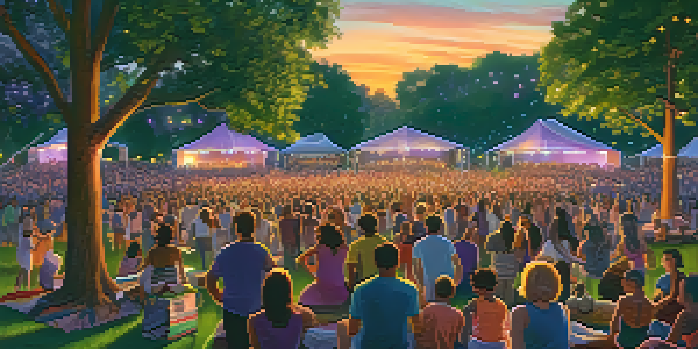 A lively outdoor concert in a park at sunset with a diverse crowd enjoying the music.