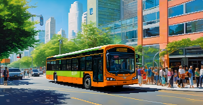 A busy city street with a colorful electric bus at a bus stop, surrounded by trees and people.