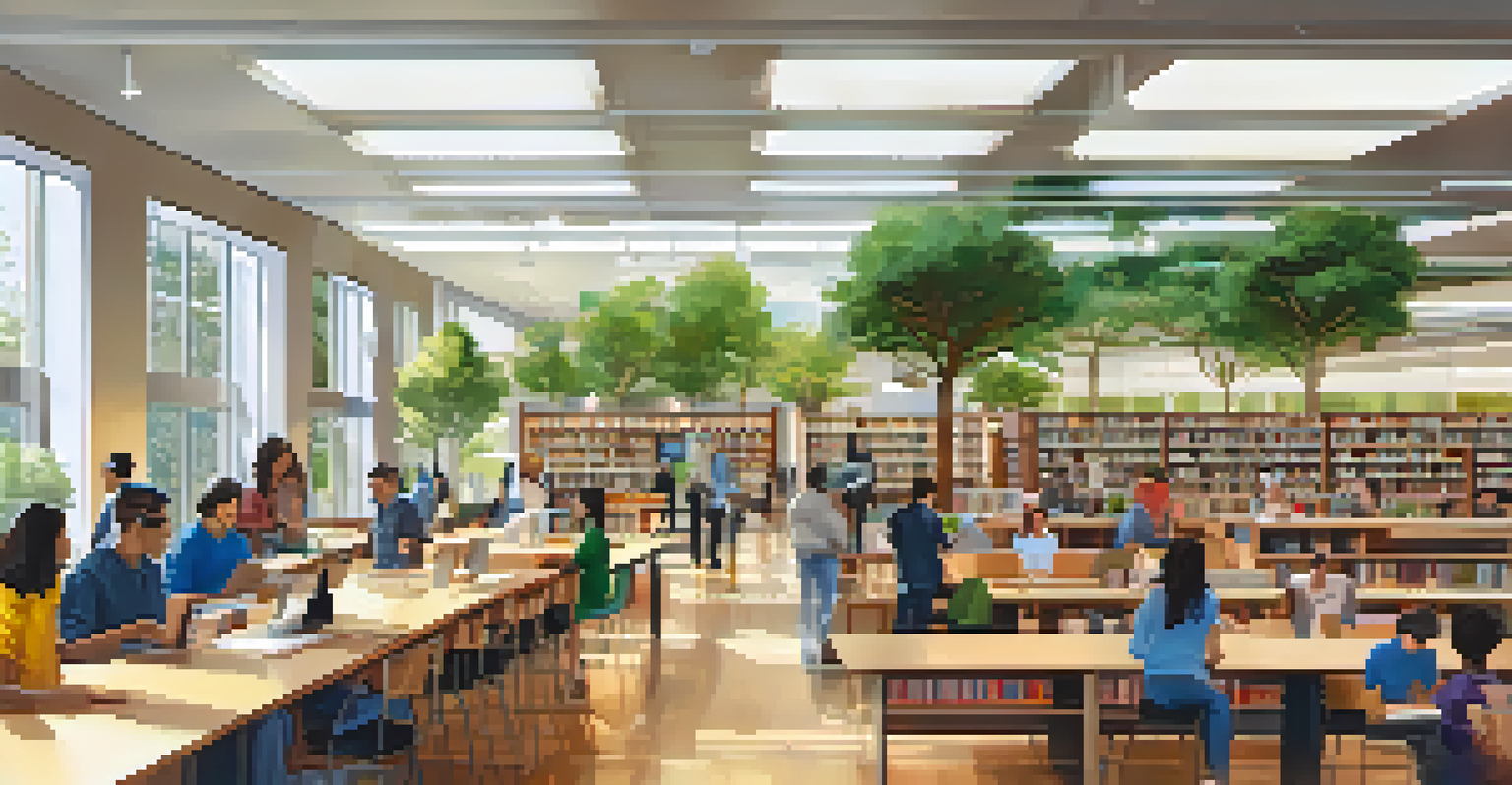 A lively library with people using technology, bright interiors with natural light, and bookshelves filled with books.