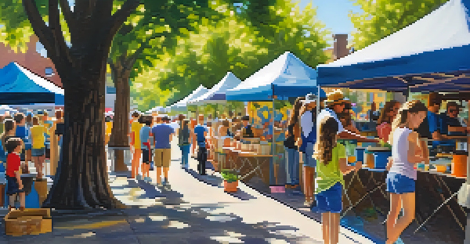 A lively outdoor art festival with colorful booths and visitors enjoying art and live music, with sunlight filtering through trees.