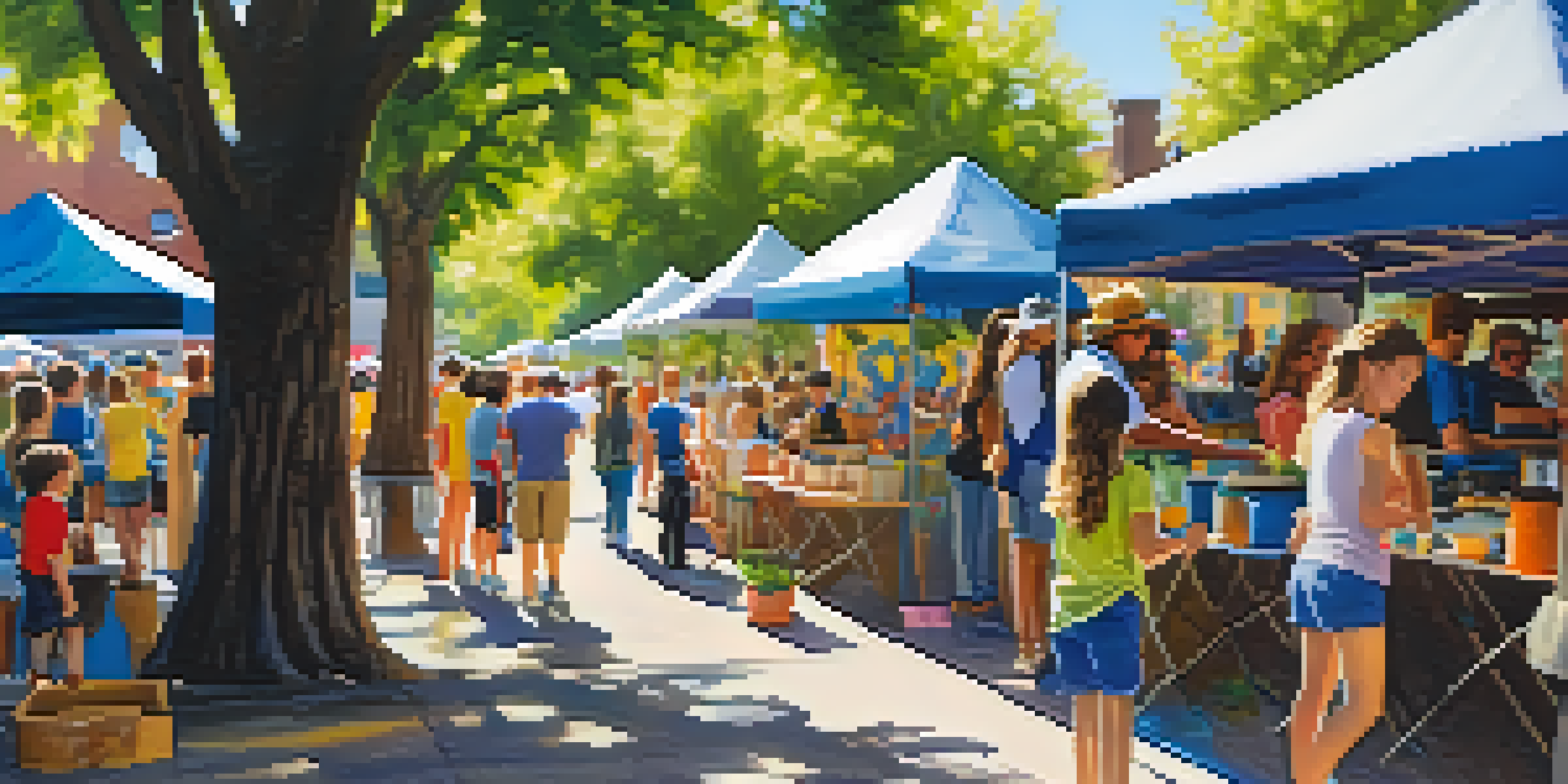 A lively outdoor art festival with colorful booths and visitors enjoying art and live music, with sunlight filtering through trees.