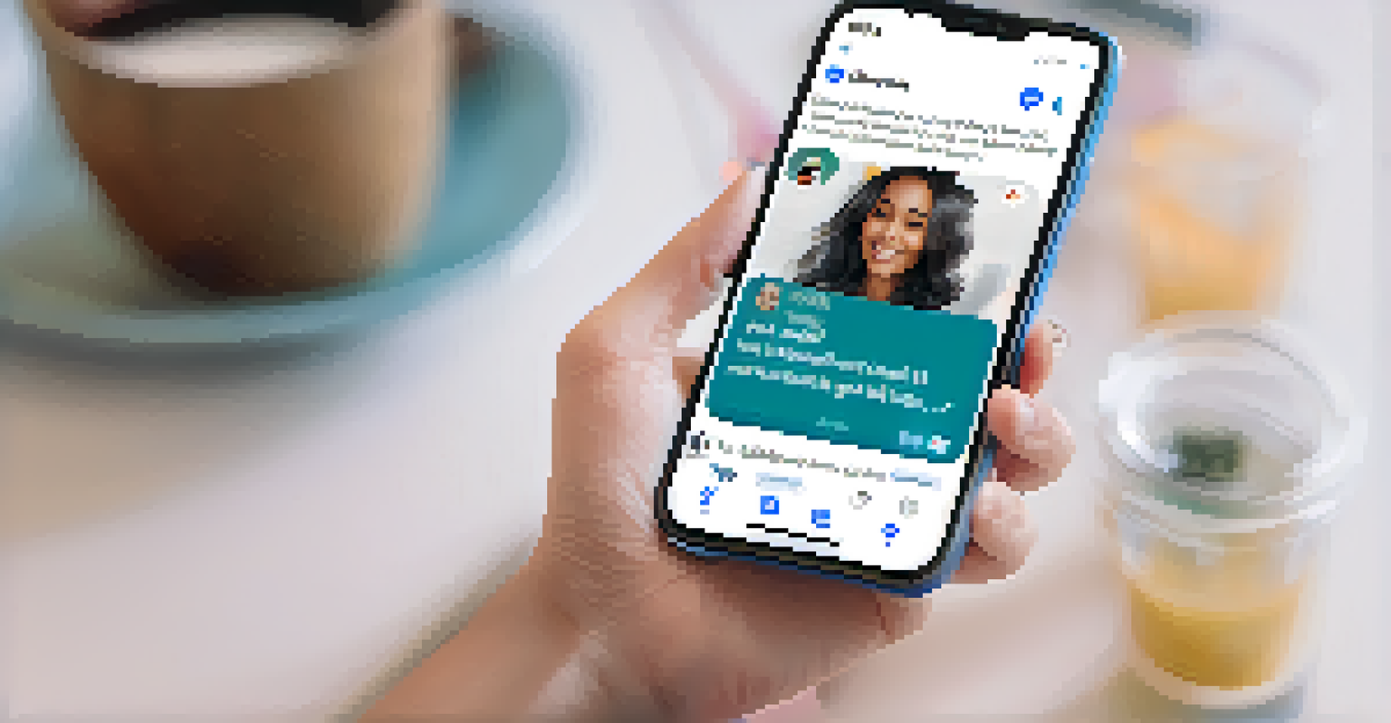 A close-up of a smartphone showing a health-related social media post from an influencer about mental health.