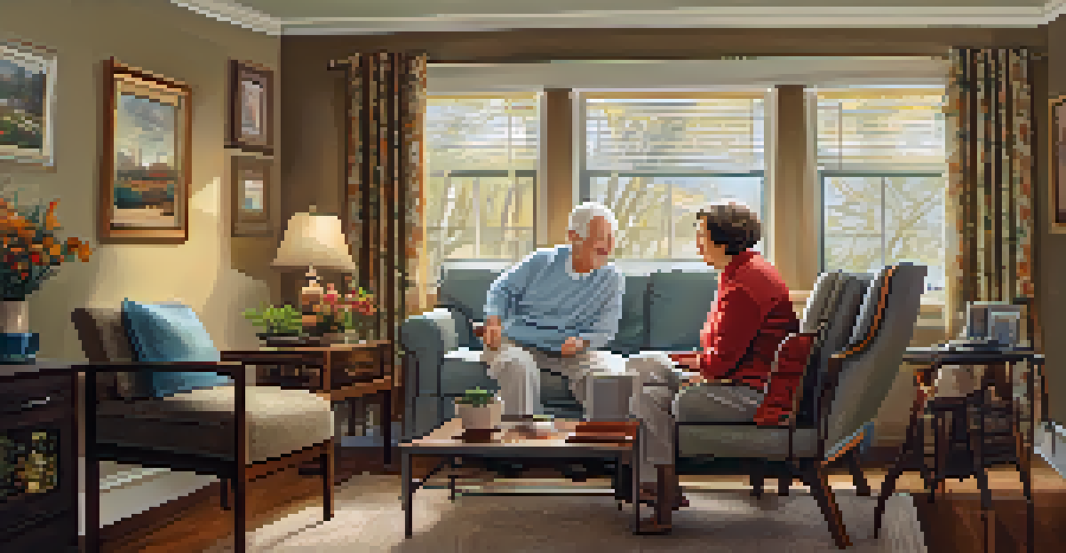 A senior receiving home care assistance in a cozy living room, with a caregiver helping them.