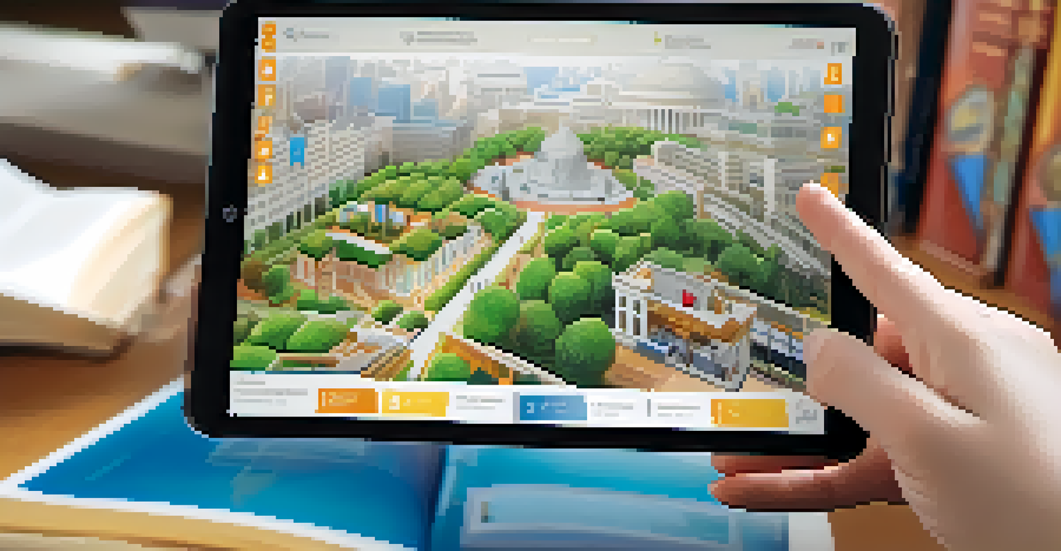 A close-up of a hand holding a tablet showing an interactive civic education program, set against a cozy study area with books.