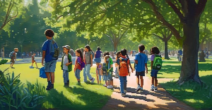 A group of children participating in a nature scavenger hunt in a green park, surrounded by trees and sunlight.
