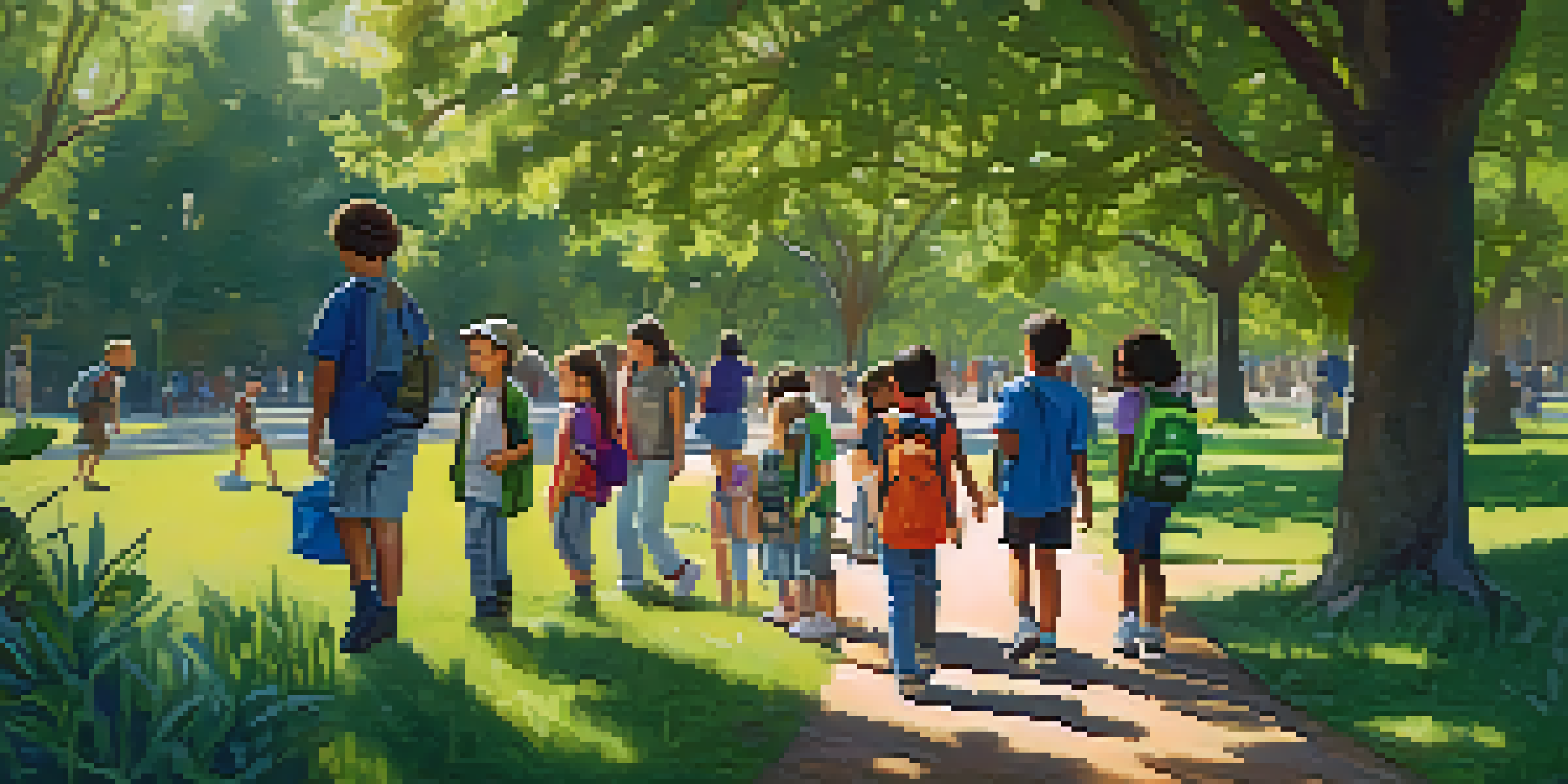 A group of children participating in a nature scavenger hunt in a green park, surrounded by trees and sunlight.