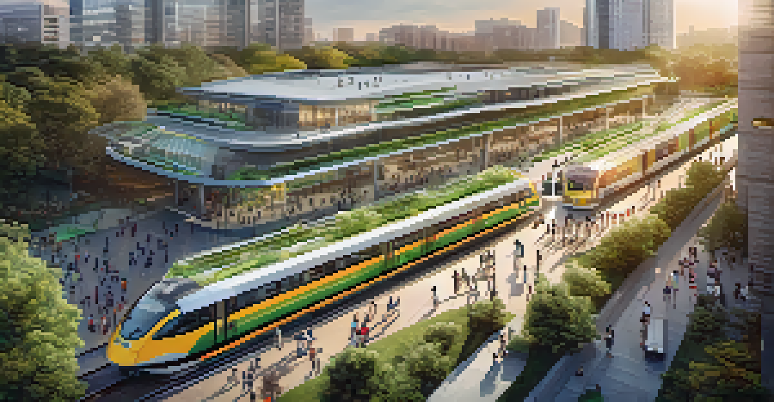 An aerial view of a modern metro station surrounded by greenery and urban development, with trains and people in a lively atmosphere during golden hour.