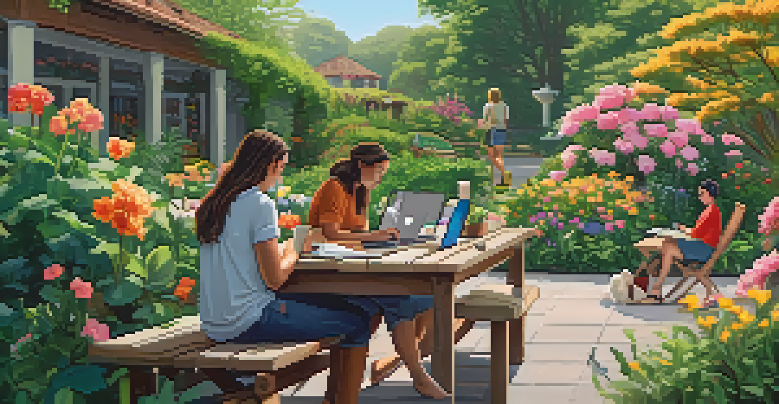 An outdoor workspace in a garden with digital nomads working on laptops surrounded by greenery.