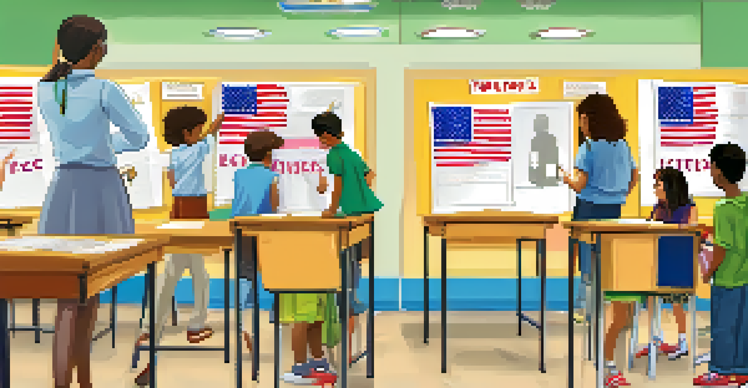 Students actively participating in a mock election in a classroom setting, with educational posters and a voting booth.