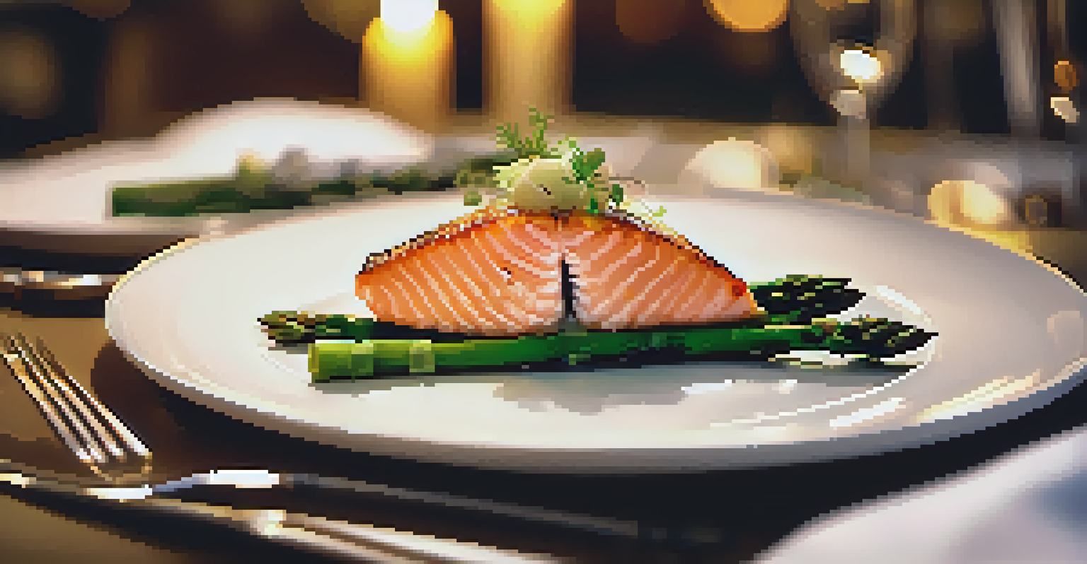 A gourmet dish of seared salmon elegantly presented on a white plate with asparagus and lemon, set in a softly lit restaurant.