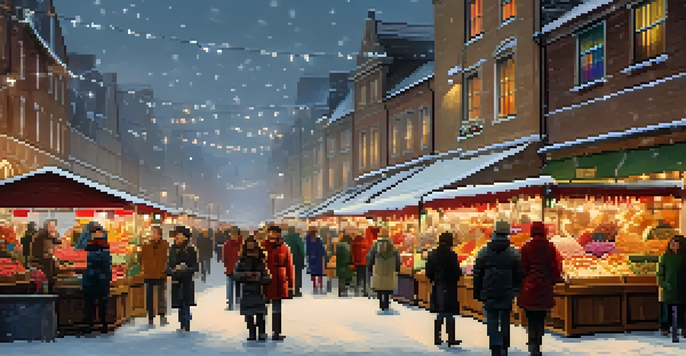 A vibrant winter seasonal market with colorful stalls, families shopping, children playing, and musicians performing under falling snow.