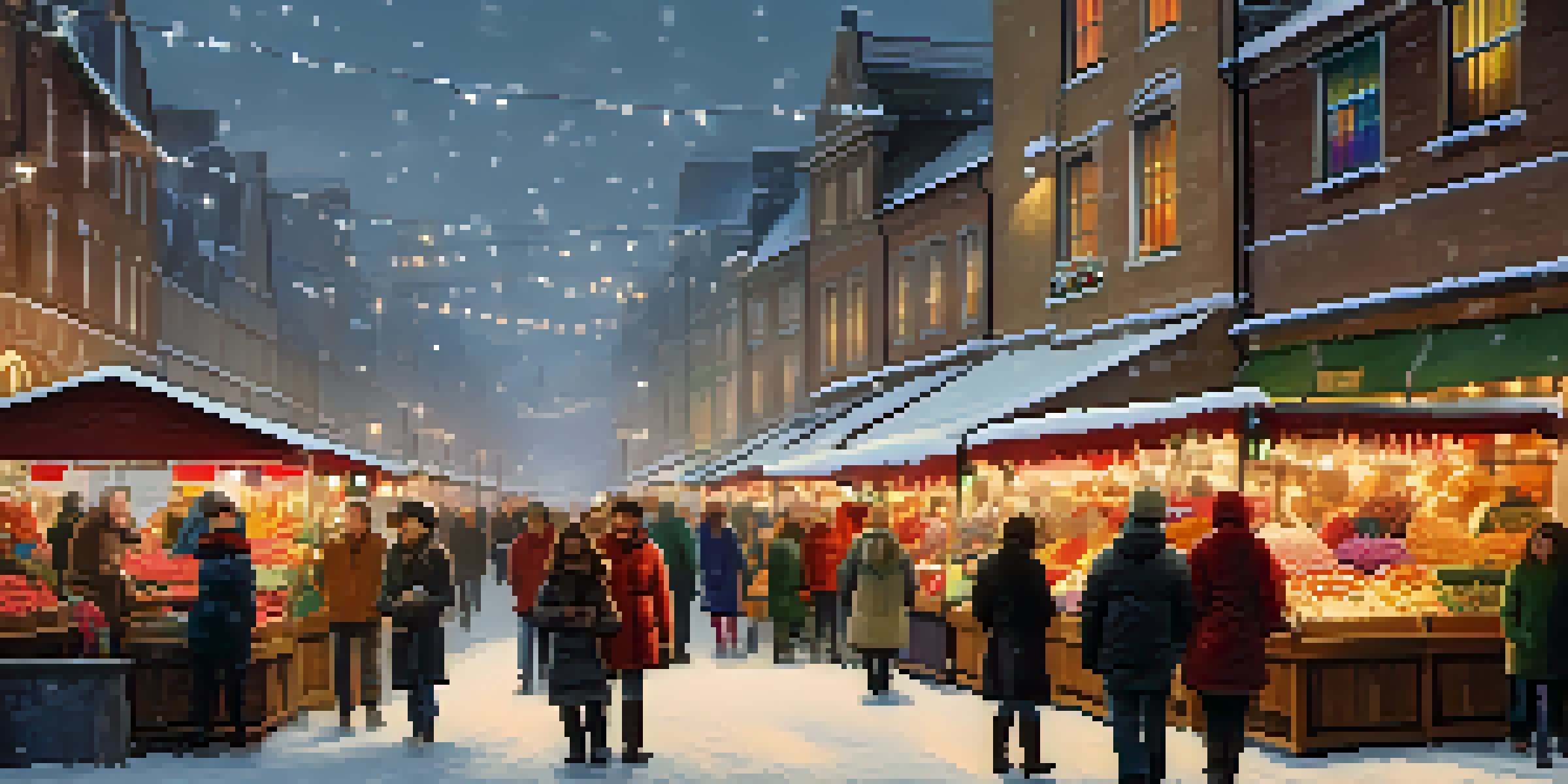 A vibrant winter seasonal market with colorful stalls, families shopping, children playing, and musicians performing under falling snow.