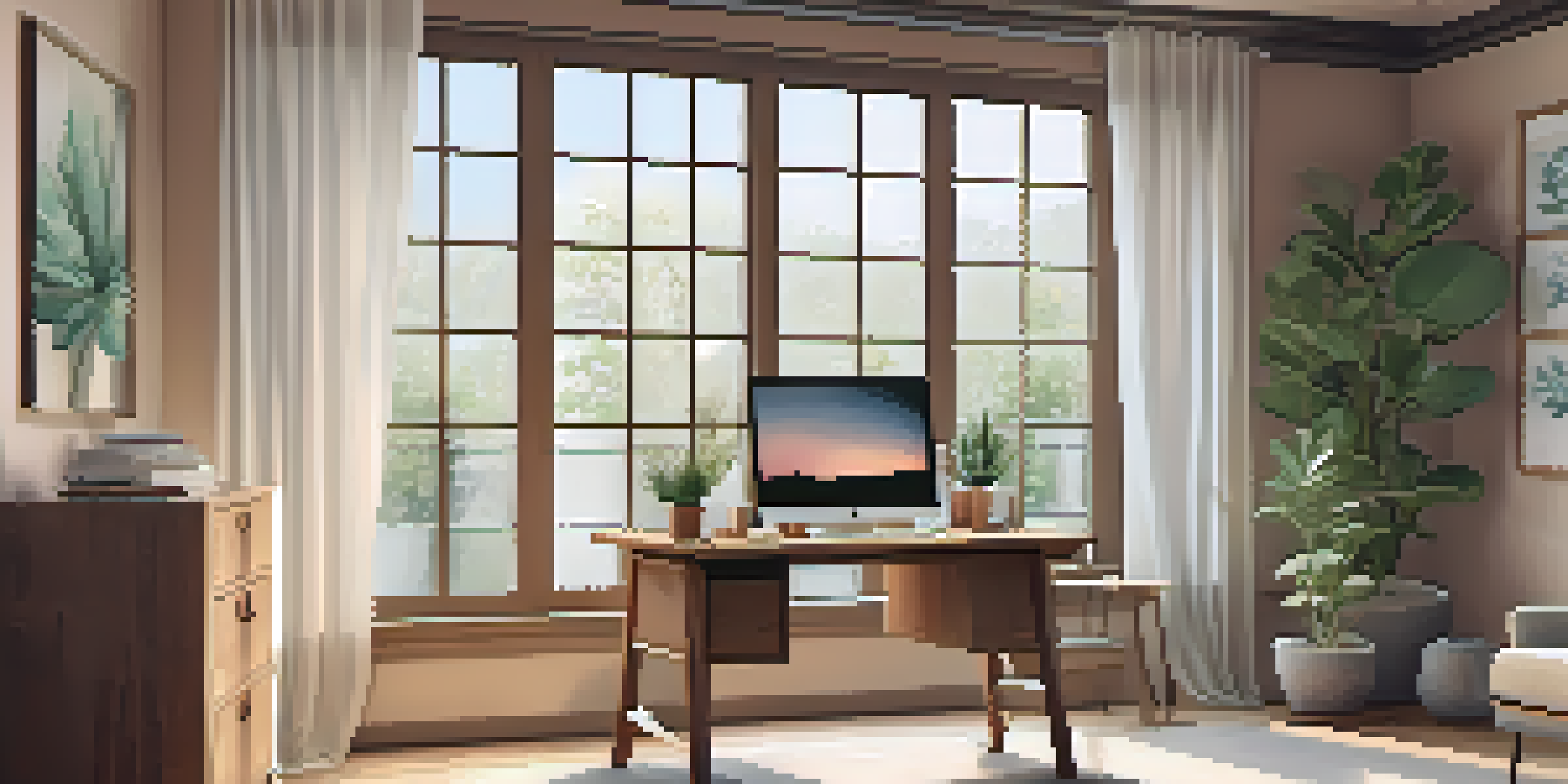 A cozy home office with a wooden desk, laptop, plants, and a coffee mug by the window.
