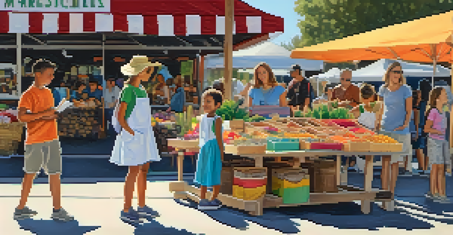 Children exploring handmade crafts and artwork at a farmers market, engaging with local artisans in a colorful setting.