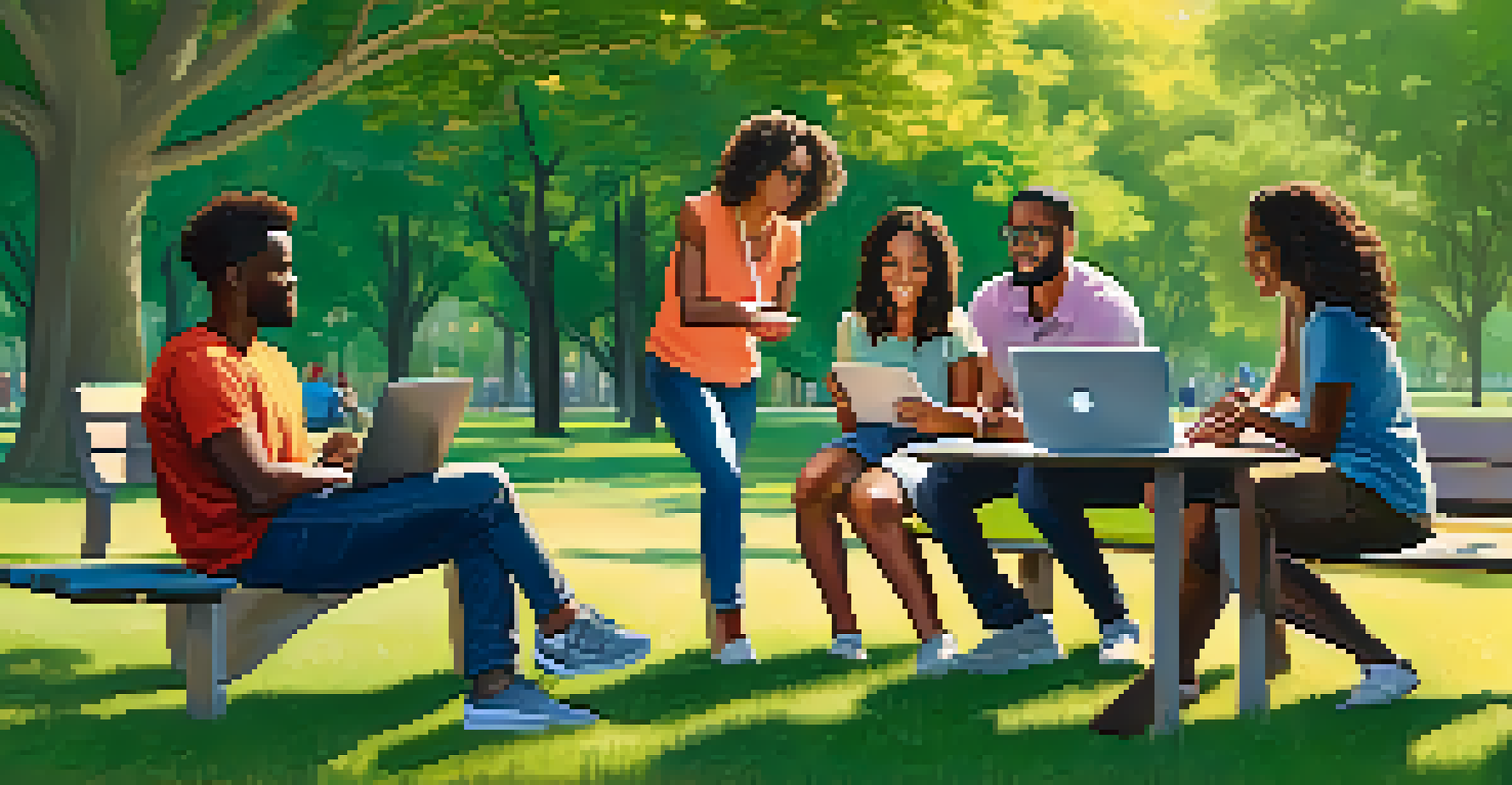 Diverse residents participating in an online discussion at a sunny local park, surrounded by trees and green grass.
