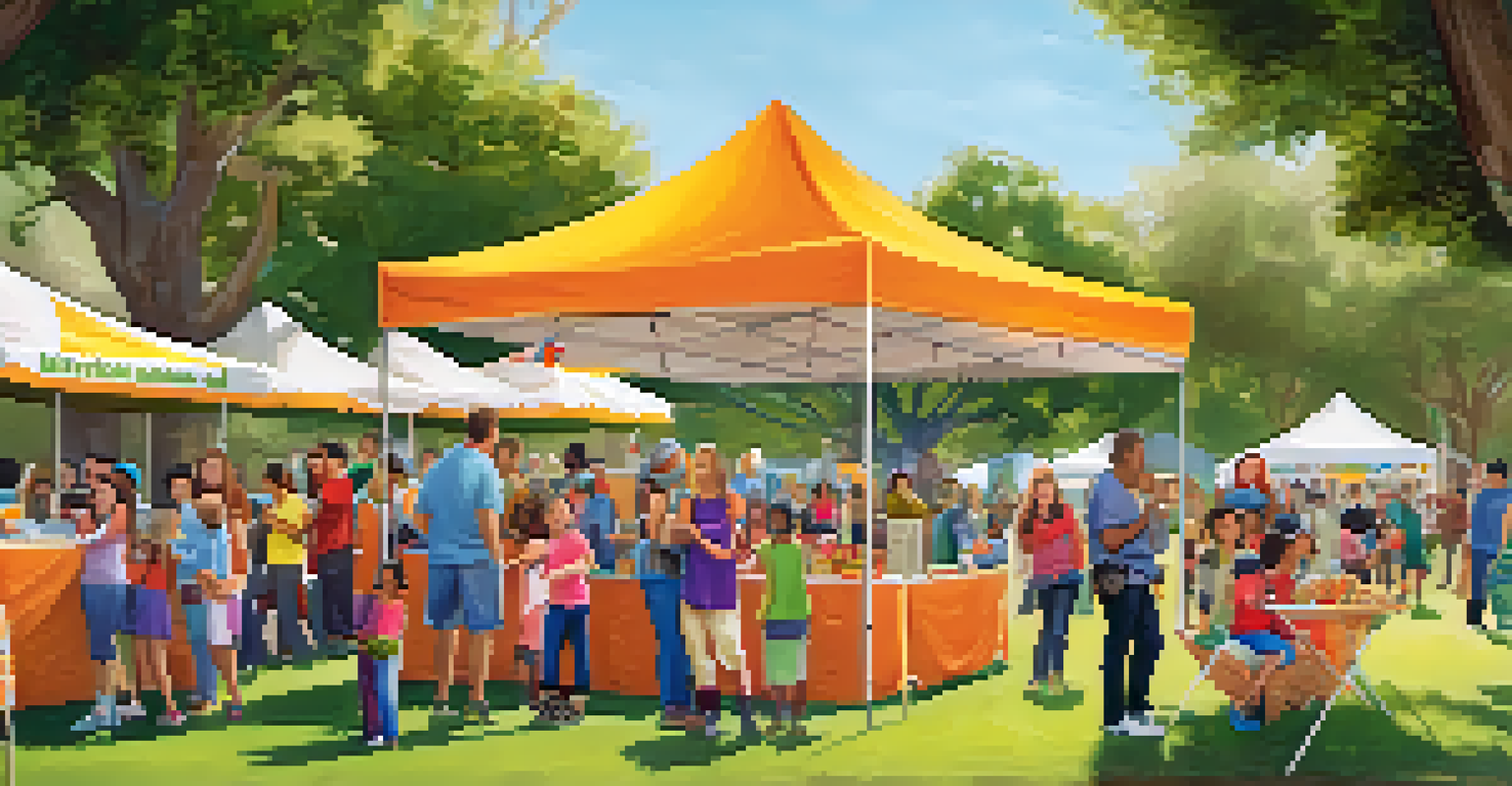A vibrant outdoor community event in Cupertino promoting nutrition awareness, with families participating in activities and enjoying the sunny park environment.