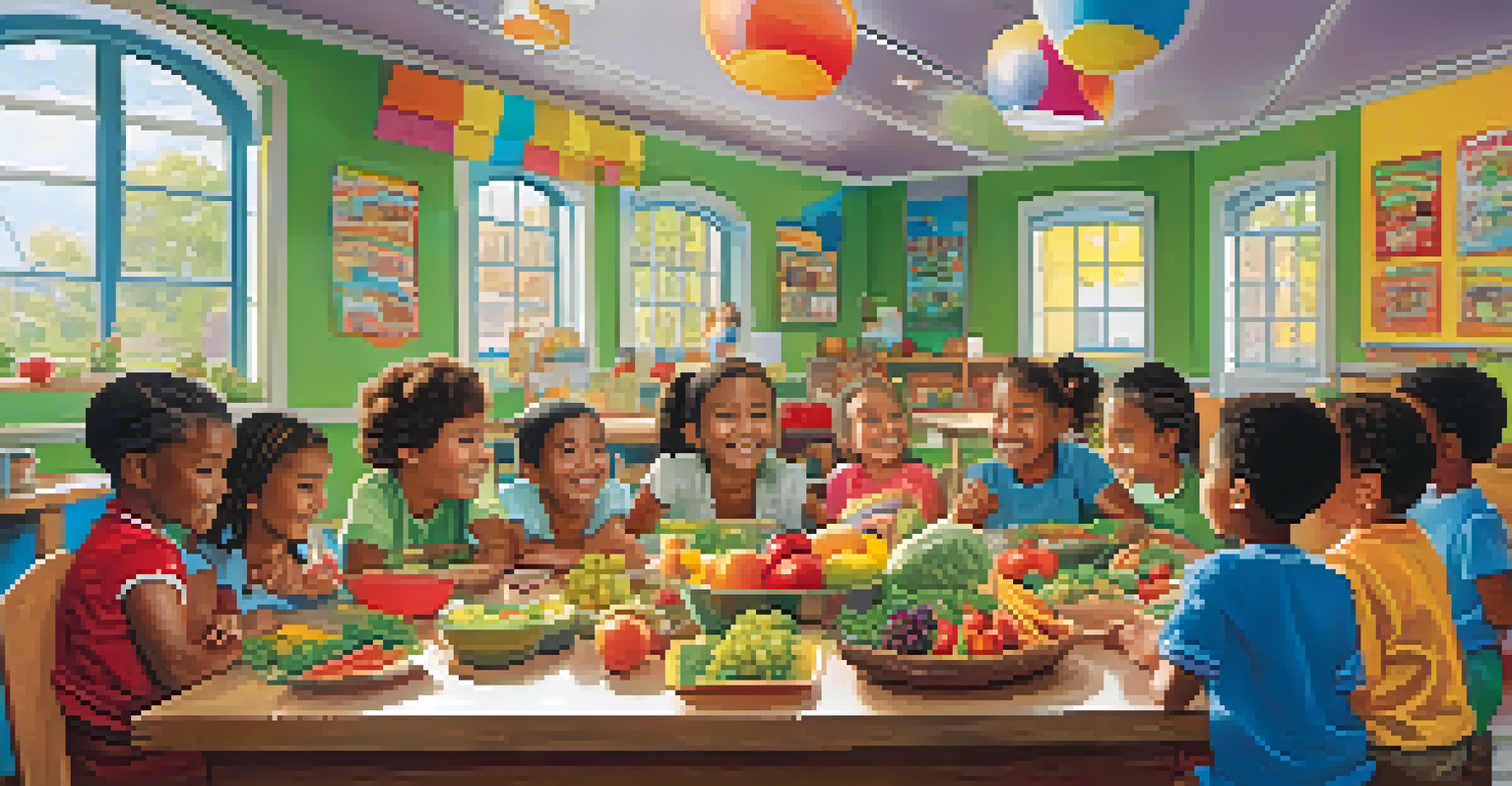 Children in a classroom learning about healthy eating while preparing a colorful salad together.