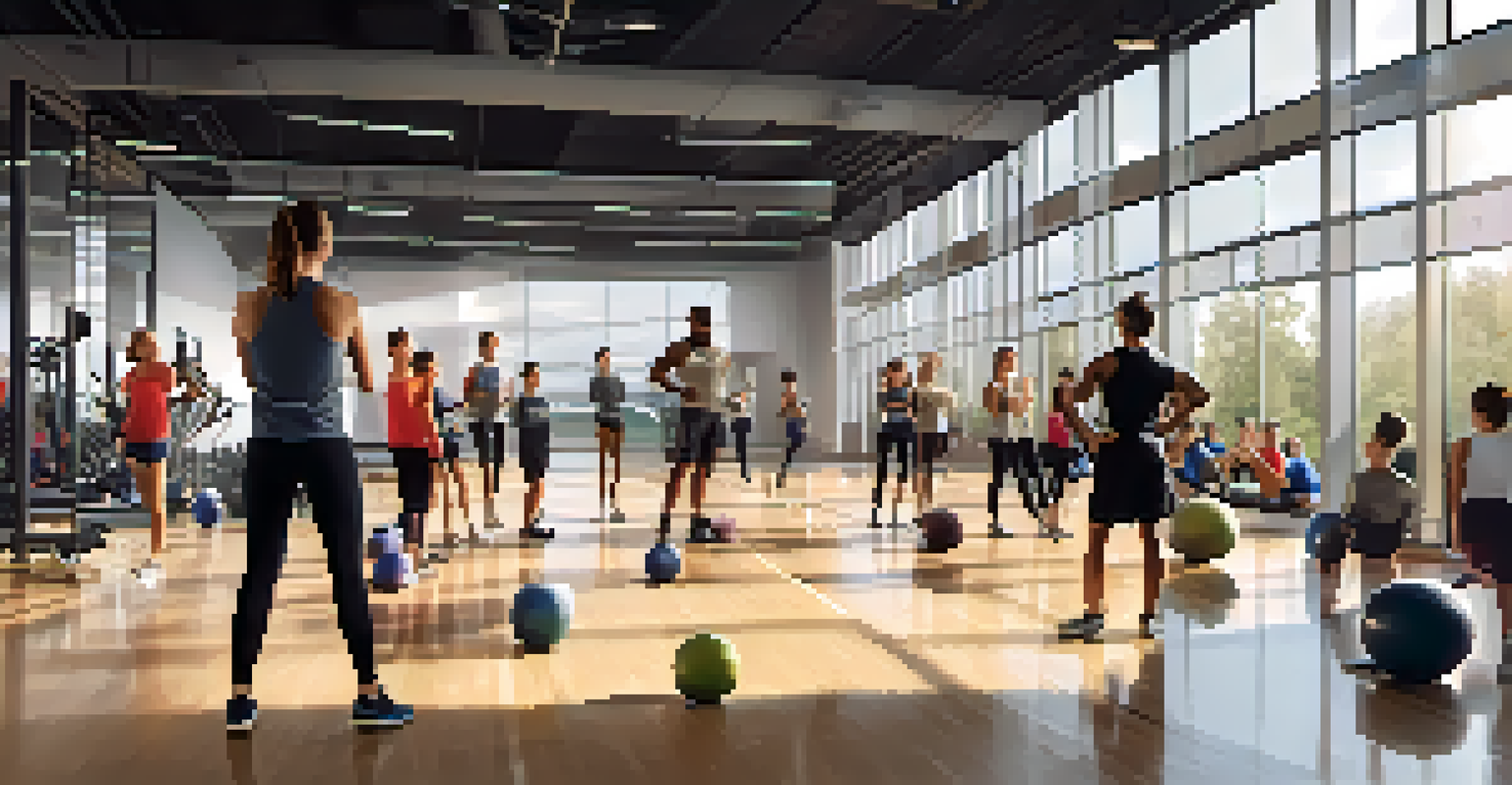 A coach leading a fitness training session in a modern gym with young athletes actively participating and learning.