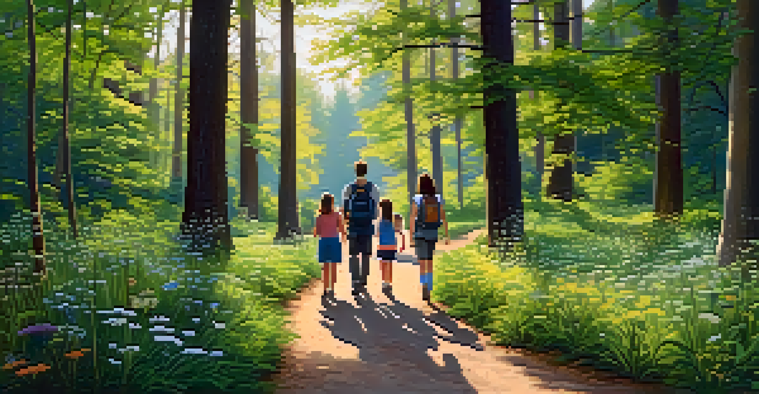 A family hiking on a nature trail surrounded by tall trees and wildflowers, with sunlight filtering through the leaves.