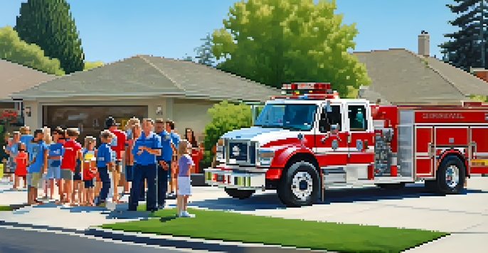 A fire truck from Cupertino Fire Department in front of a suburban house, with firefighters interacting with residents and children during a safety workshop.