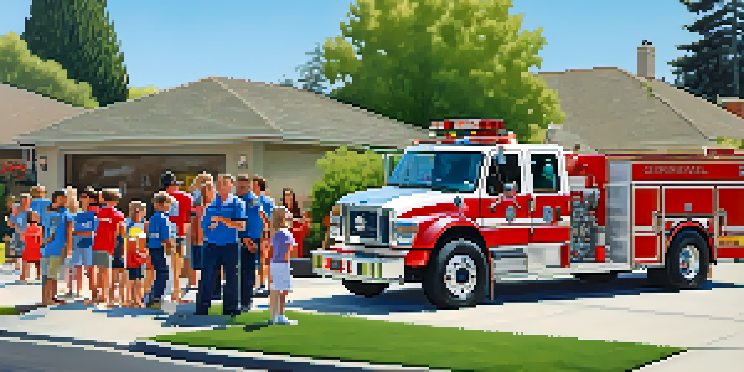 A fire truck from Cupertino Fire Department in front of a suburban house, with firefighters interacting with residents and children during a safety workshop.