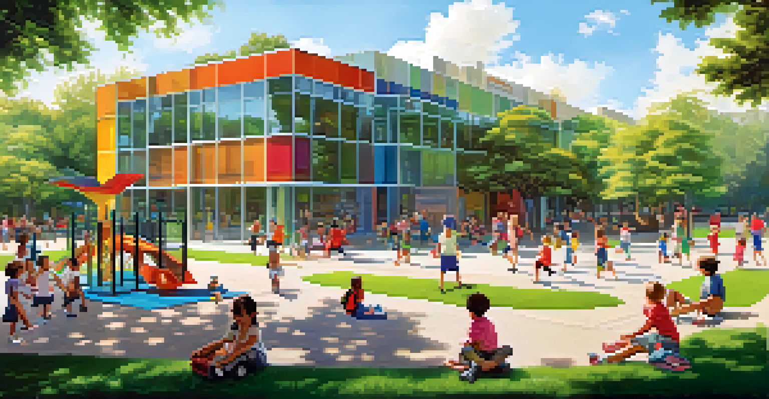 A lively outdoor school playground with children playing and a modern school building in the background.