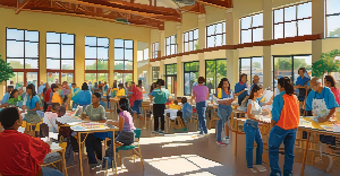 A busy community center in Cupertino with diverse individuals participating in workforce development programs under bright sunlight.