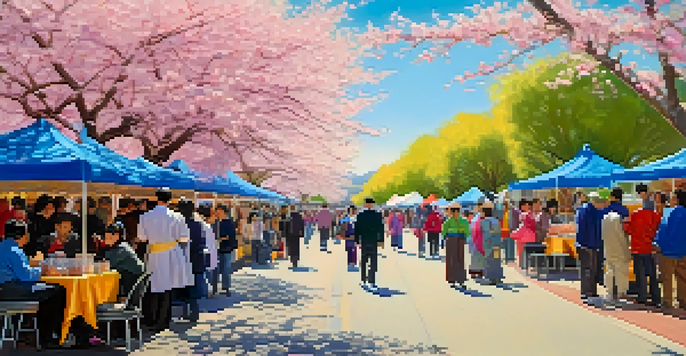 A lively Cherry Blossom Festival in Cupertino, showcasing blooming cherry trees and people from different cultures enjoying performances and food.