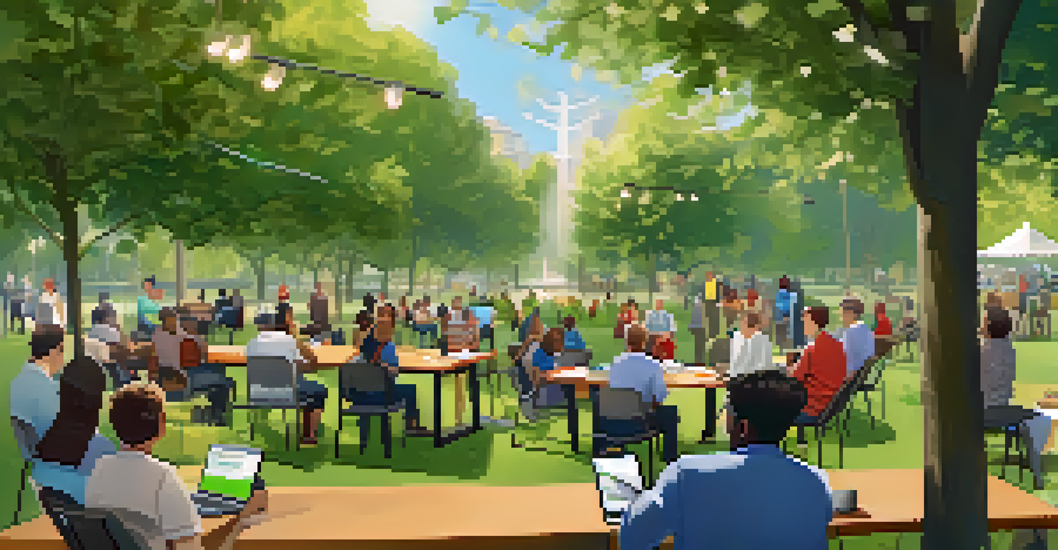 A community workshop in a park where residents learn about smart safety technologies and mobile apps.