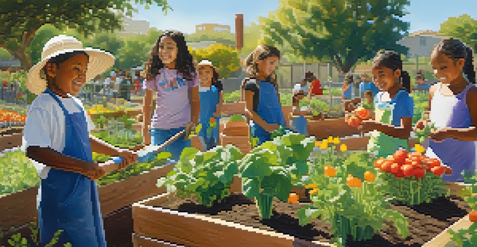 A community garden with children planting seeds and watering plants under sunlight, surrounded by colorful vegetables and flowers.