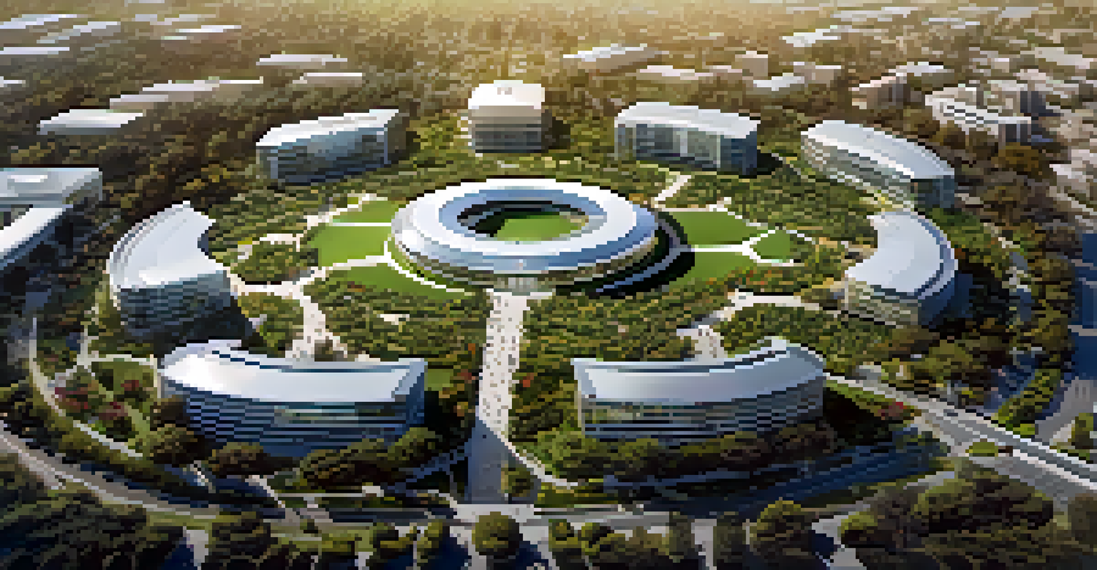 An aerial view of Cupertino showing residential areas, tech campuses, and green parks under sunlight.