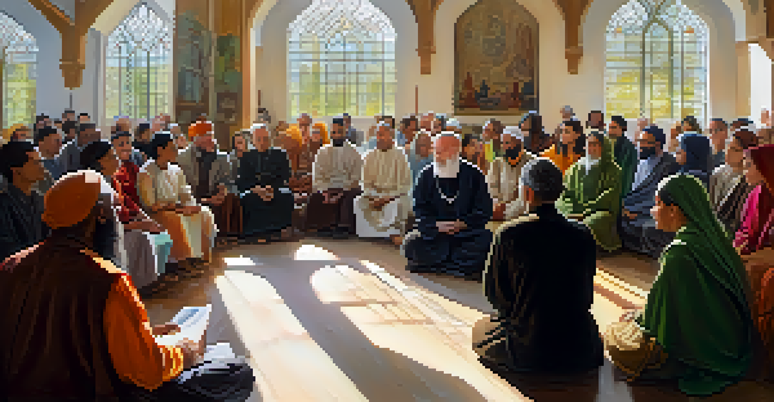 A religious leader conducting a workshop with participants from various backgrounds, surrounded by educational materials about different faiths.