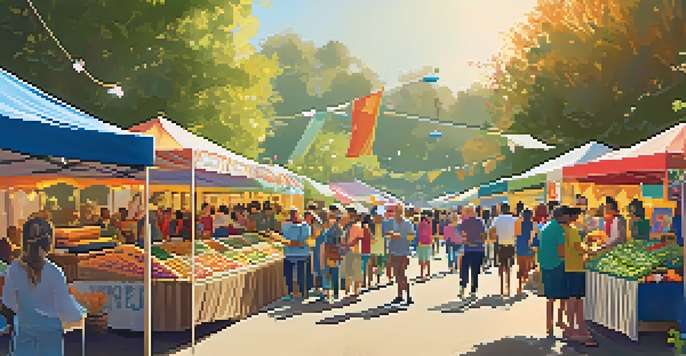A lively festival in Cupertino featuring local vendors and residents participating in sustainable energy workshops, surrounded by greenery and sunlight.
