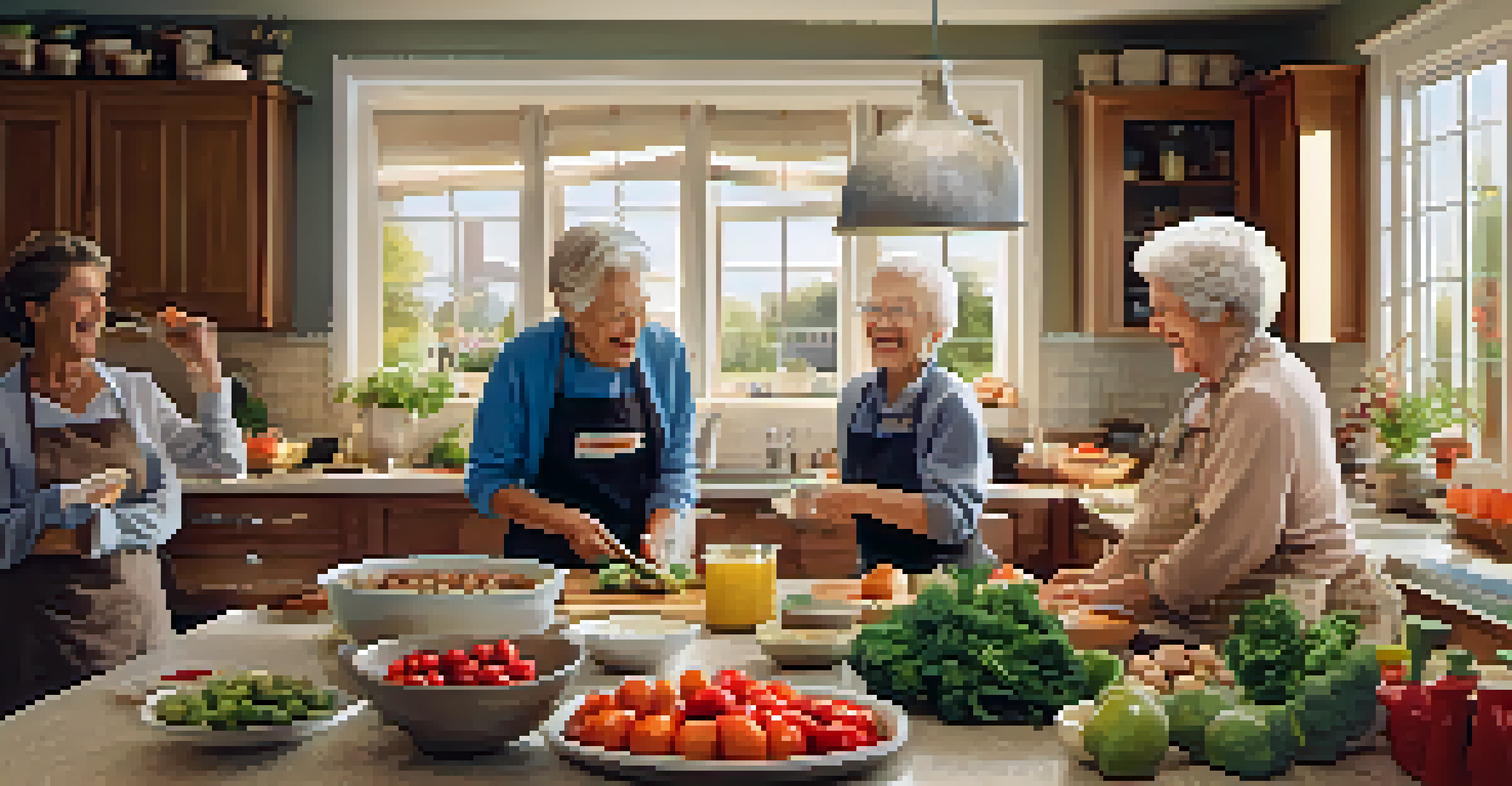 Seniors and youth happily cooking together in a warm, inviting kitchen.