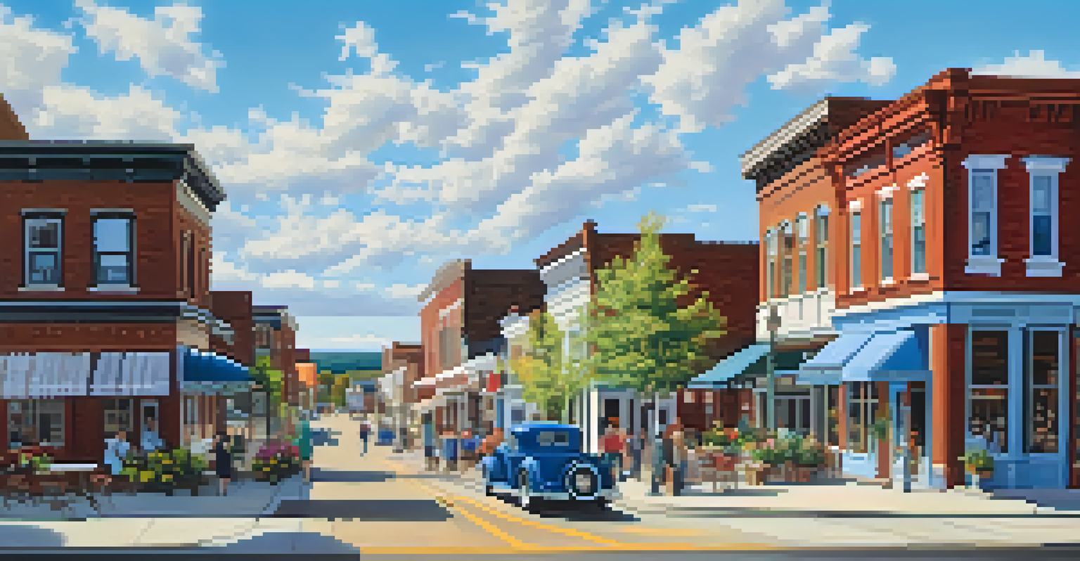 A restored Main Street in a small town with charming storefronts, outdoor seating, and people walking along the sidewalk.