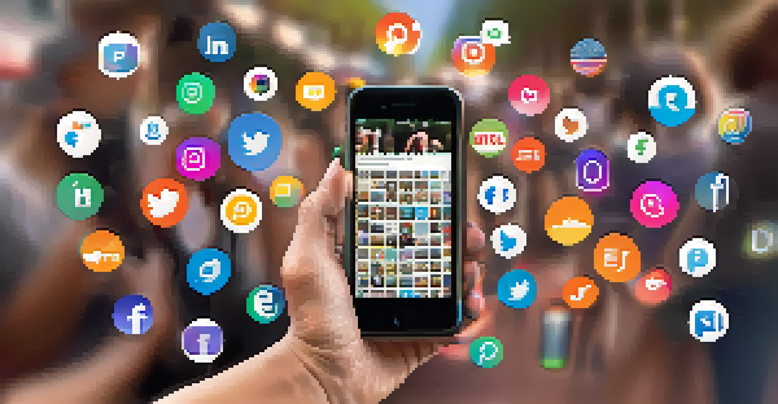 Hands holding a smartphone showing social media posts about local issues, with a community event in the background.