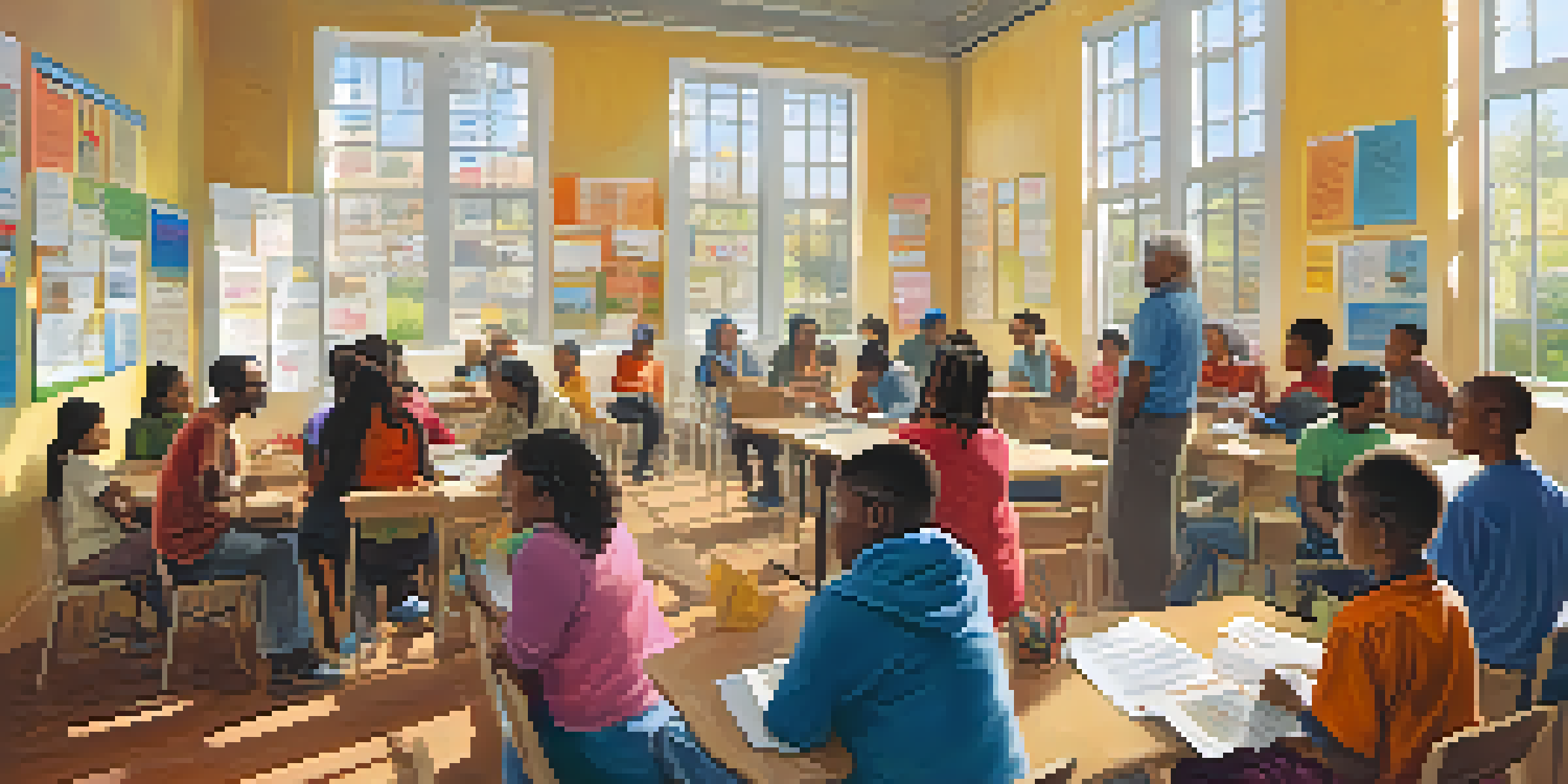 A diverse group of people engaged in a civic education workshop, discussing and taking notes in a bright room with educational posters.
