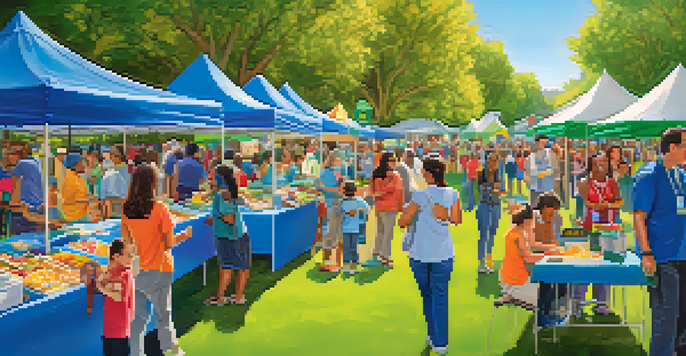 Families participating in a community health fair with colorful booths and interactive health activities.
