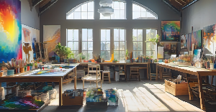 A diverse group of artists collaborating in a bright art studio, surrounded by supplies and colorful artworks.