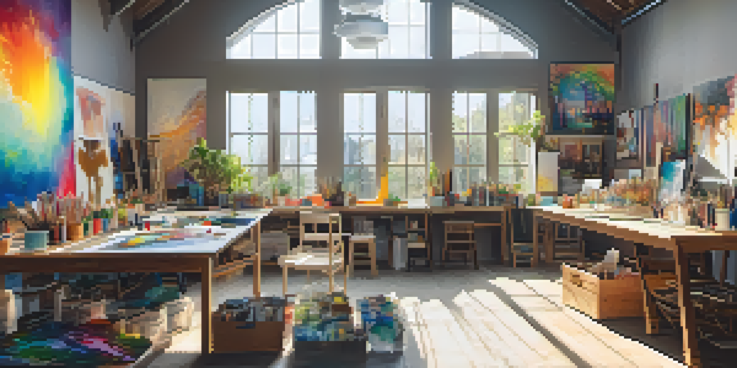 A diverse group of artists collaborating in a bright art studio, surrounded by supplies and colorful artworks.