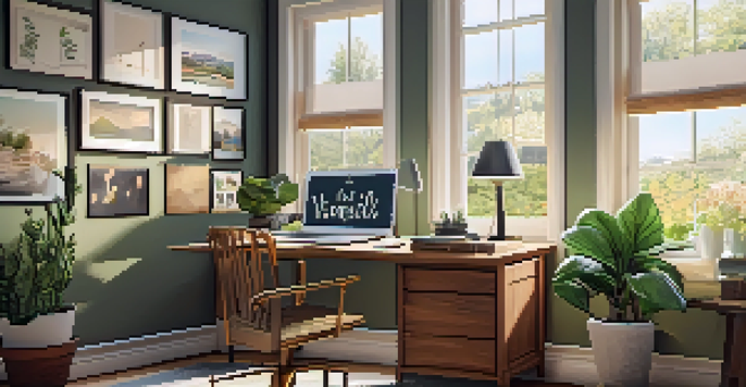 A warm and inviting home office space with a wooden desk, laptop, and potted plant, illuminated by natural light from a large window.