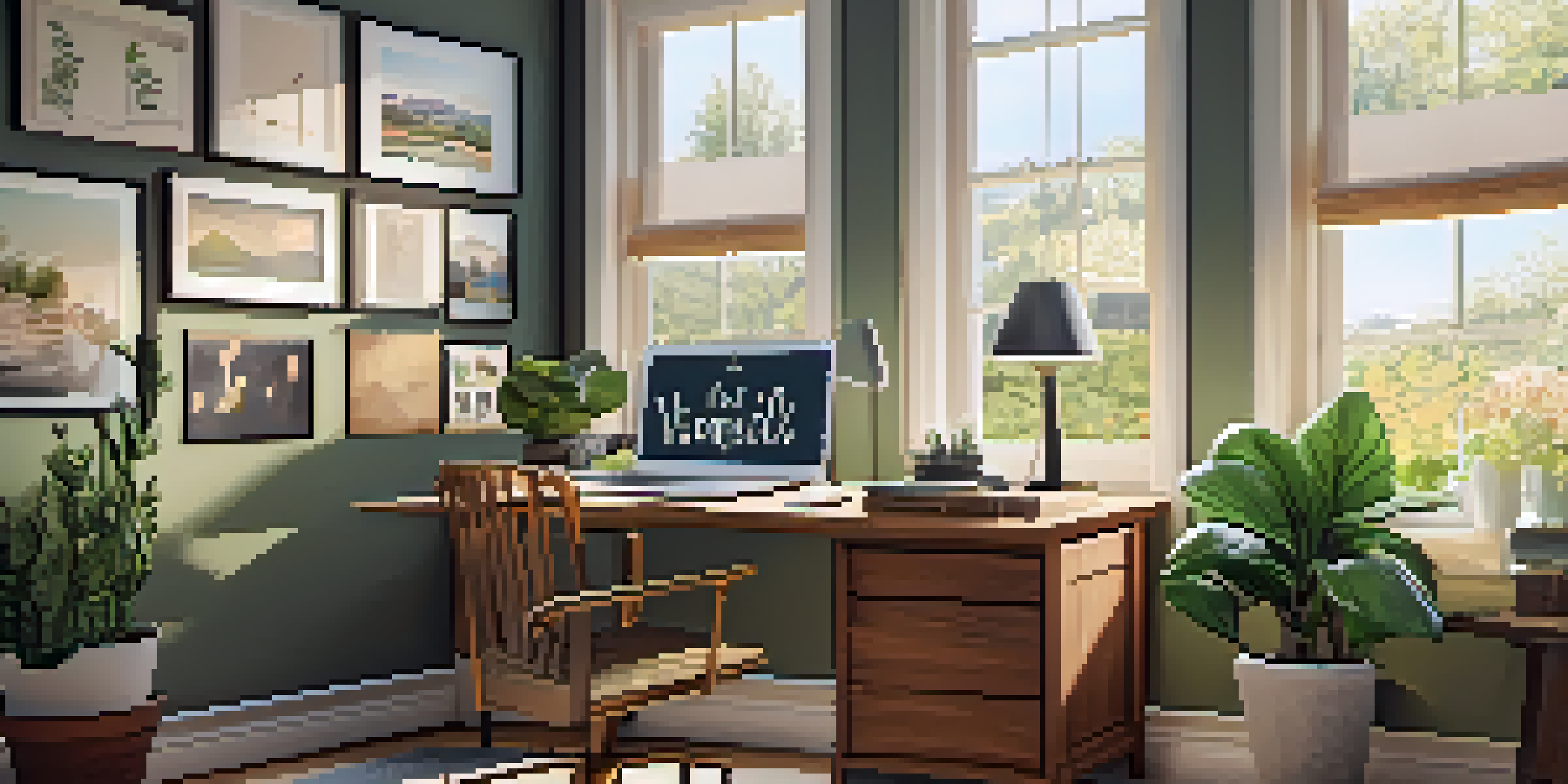 A warm and inviting home office space with a wooden desk, laptop, and potted plant, illuminated by natural light from a large window.