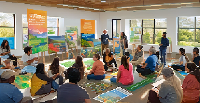 A lively community workshop in Cupertino with diverse residents discussing climate action, surrounded by colorful sustainability posters and natural light.