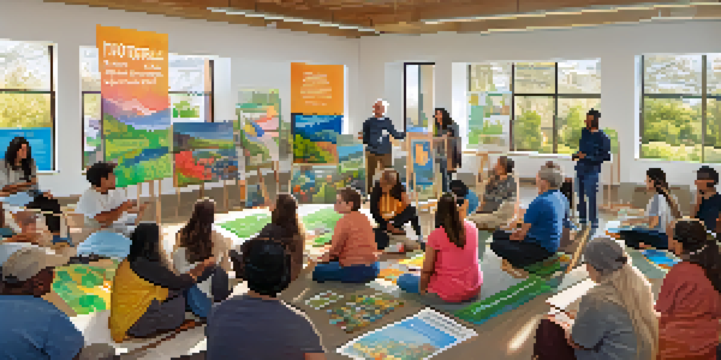 A lively community workshop in Cupertino with diverse residents discussing climate action, surrounded by colorful sustainability posters and natural light.