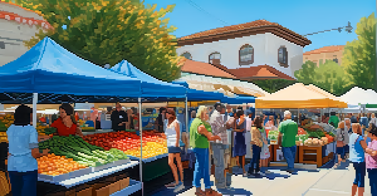A busy farmers market in Cupertino with colorful stalls and diverse community members.