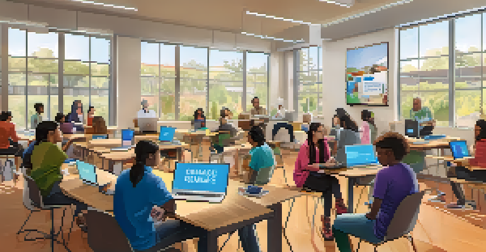 A community center in Cupertino where residents are learning digital skills in a workshop, with laptops and a projector in a bright room.