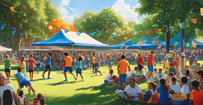 A lively outdoor sports event with diverse families cheering for a local soccer team, food stalls, and children playing.