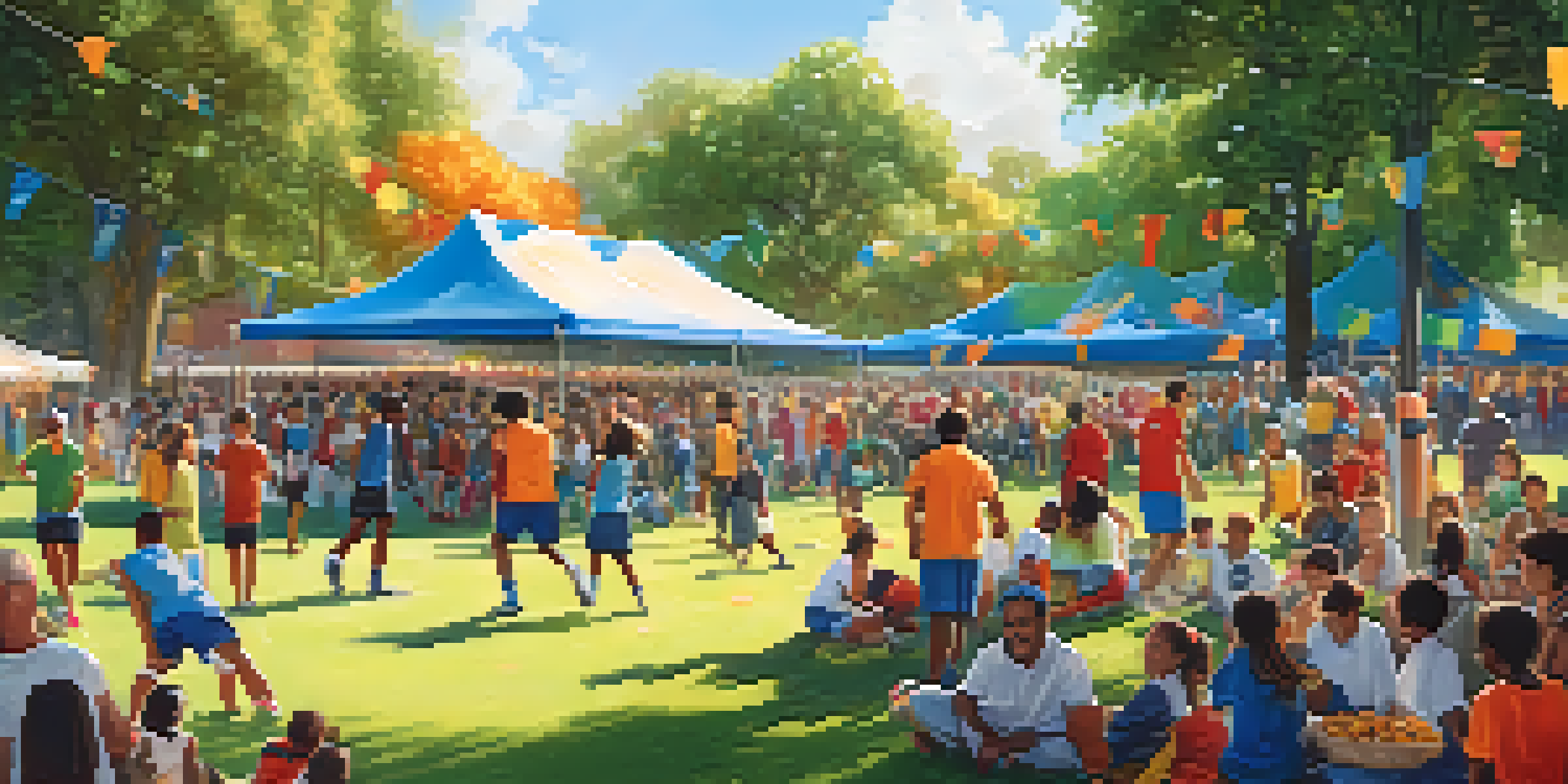 A lively outdoor sports event with diverse families cheering for a local soccer team, food stalls, and children playing.