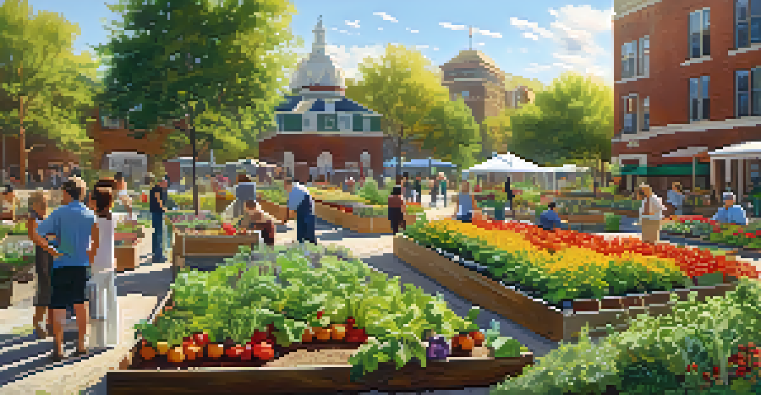 A lively community garden in a park with people planting together.