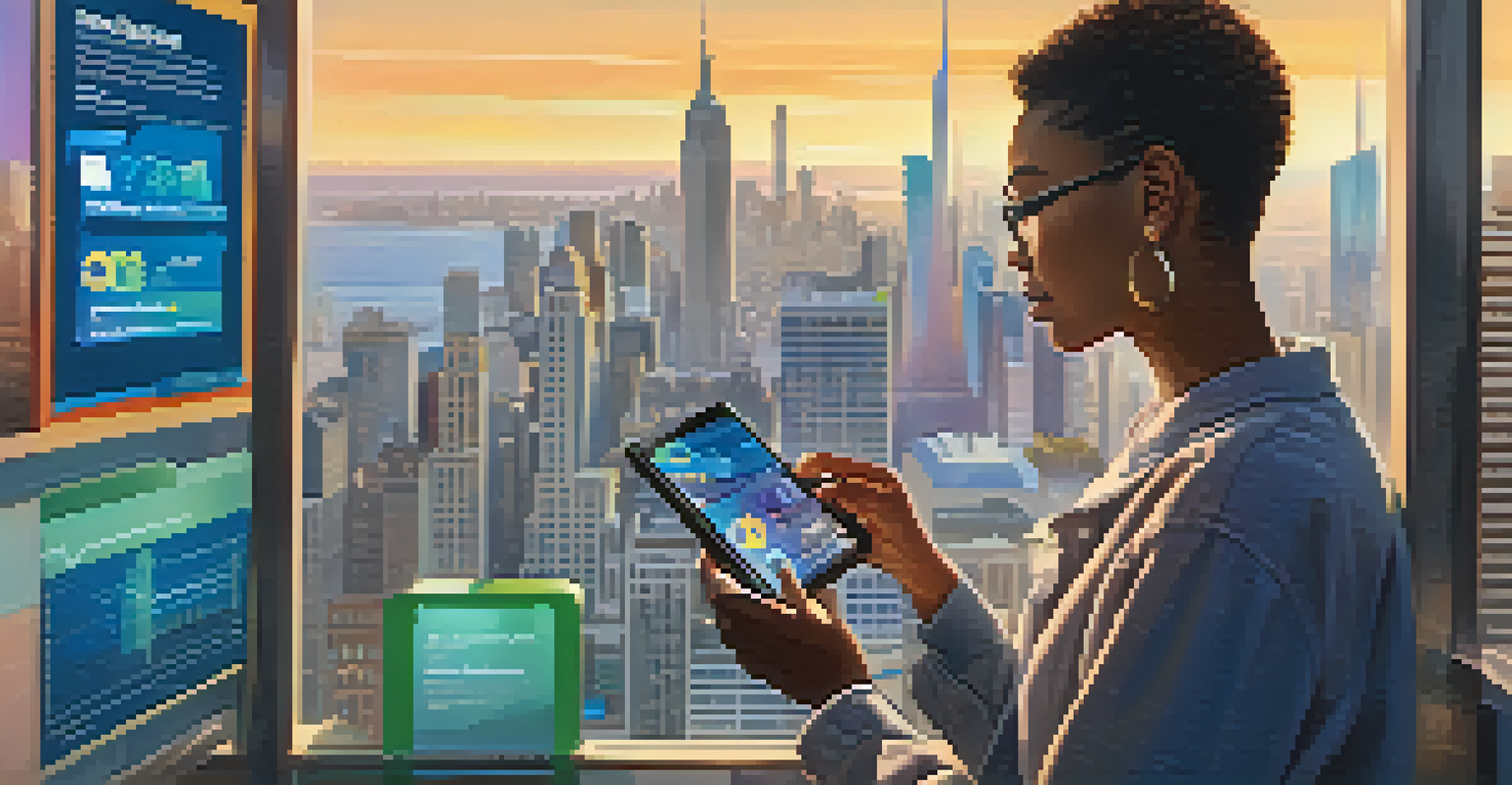 A person using a smartphone to access a financial education app, with colorful graphs on the screen and a city skyline in the background.